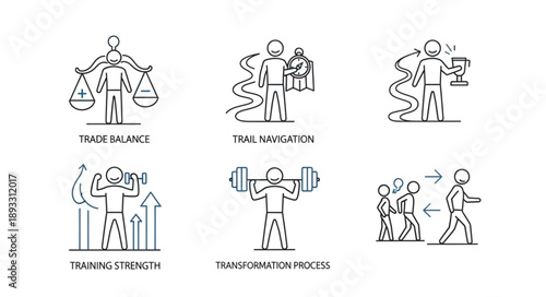Set of six simple line drawings representing business concepts and personal development.