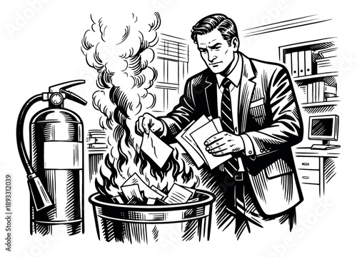 Hand drawn line art illustration of a businessman depicting document destruction in an office for risk management