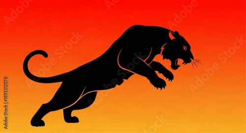 Silhouette of a black panther leaping forward with mouth open.