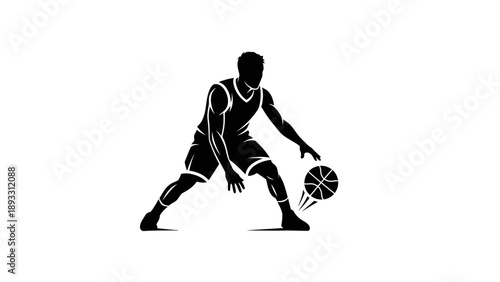 Silhouette of a basketball player dribbling the ball.