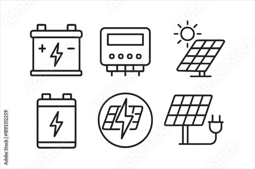 Line art icons depicting renewable energy sources and electrical components for sustainable power
