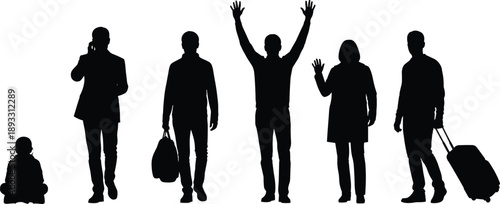 Human silhouette vector set, walking, sitting, waving, standing, phone call, suitcase, duffel bag, casual posture, travel, lifestyle, motion