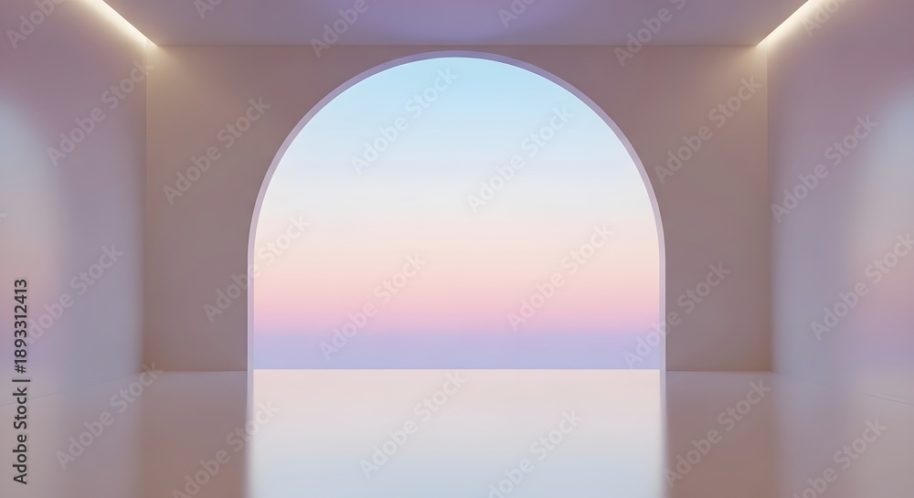 Fototapeta premium 3D render of a pristine, empty minimalist room featuring soft cove lighting and a glossy reflective floor. A central arched opening frames an ethereal pastel gradient sky (pink, blue, lavender). Perfe