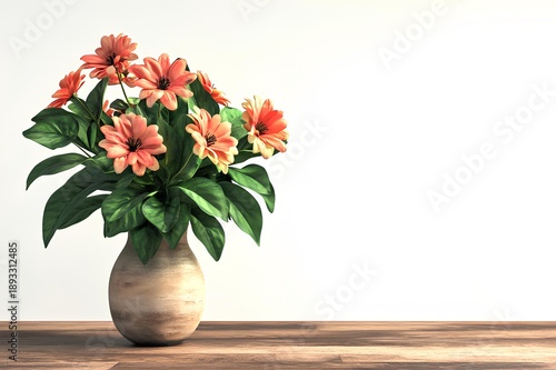 Vase with flowers on wooden table with white background