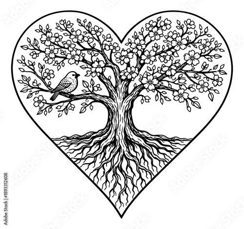 Intricate hand drawn line art illustration of a tree with a bird inside a heart depicting love and nature for decorative concepts