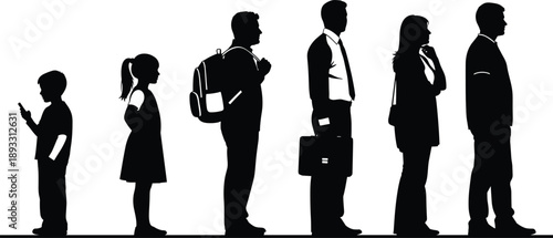 Human life stage silhouette vector, childhood to adulthood, aging progression, family growth, black icons, development, posture, lifestyle, generation, timeline