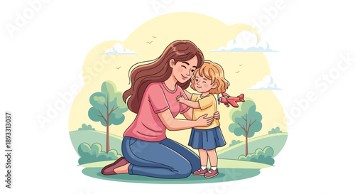 A mother kneeling outdoors affectionately hugging her young daughter in a serene park setting during the daytime