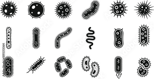 Set of Black and White Bacteria Icons, Microorganism Germ Shapes Collection, Medical Biology Science Vector Illustration Isolated on White Background