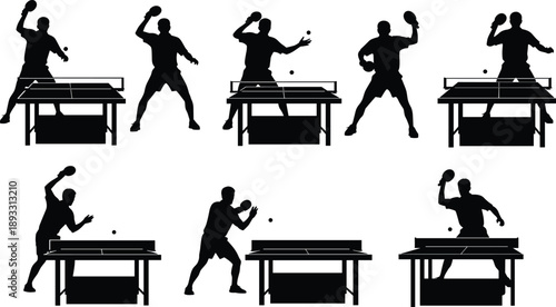 Table Tennis Player Silhouettes Set, Ping Pong Match Action Poses Serving and Hitting Ball Collection, Sport Competition Black Vector Illustration