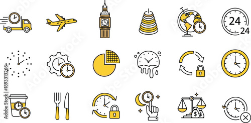 Time Management and Scheduling Icons Set, Clocks Deadlines Delivery World Time and Productivity Symbols Collection, Business Efficiency Vector Illustration