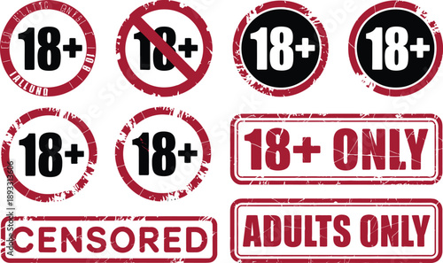 Collection of red 18 plus and censored warning signs