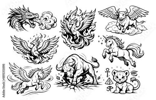 Hand drawn line art mythical creatures set featuring a dragon, phoenix, unicorn, pegasus, and bulls for fantasy and mythological designs
