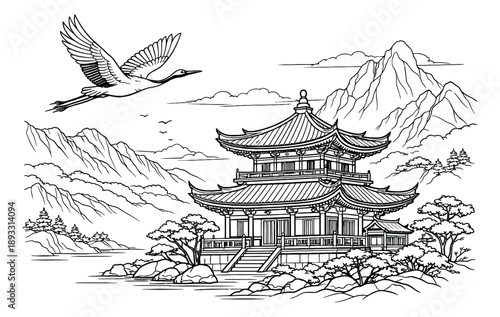 Hand drawn line art illustration of a traditional asian landscape depicting a temple, flying crane, and mountains for cultural designs