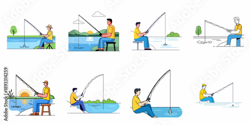 Collection of flat line art illustrations showing men fishing in various outdoor settings by a lake or river, symbolizing leisure and nature connection.