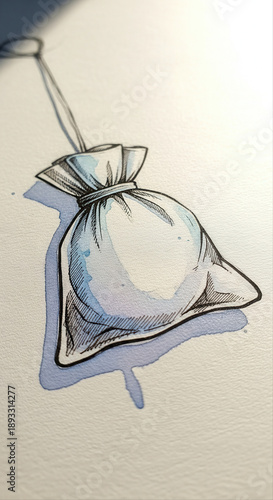 Artistic illustration of a hanging sachet casting a shadow, isolated on a textured white background with soft lighting