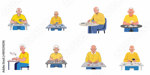 Set of Illustrations Featuring Senior Men Playing Various Card Games: Elderly Grandfathers Enjoying Leisure Activity and Hobbies.