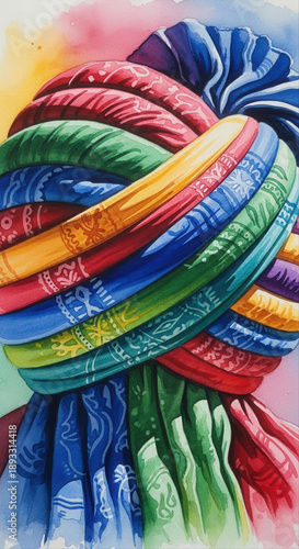 Vibrant Sikh turban with intricate patterns set against an isolated white background, showcasing a colorful and artistic composition