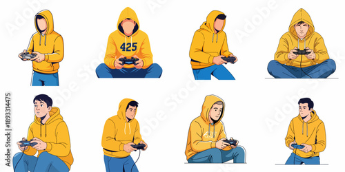 A collection of eight vector illustrations depicting young male gamers in yellow hoodies holding controllers, engaged in competitive video games.