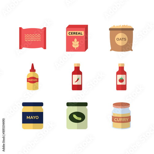 Kitchen condiments and instant food flat color icon set

