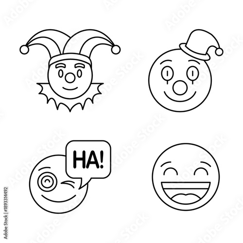 April Fools icon set with doodle-style clown and jester faces, humorous cartoon, and prank gift illustrations