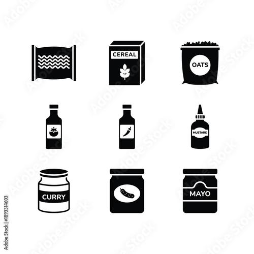 Kitchen condiments and instant food solid glyph icon set

