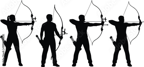 Archery athlete silhouette set showing male archer aiming bow and arrow in different poses, isolated black vector figures for sports and target practice concepts