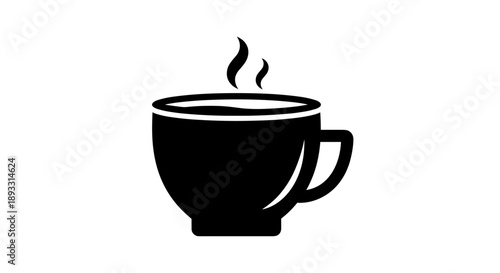 Simple Black Icon of a Steaming Hot Coffee Cup.