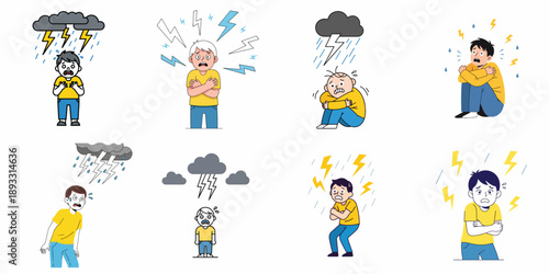 Vector illustrations depicting men suffering from anxiety, fear, or panic attacks symbolized by storm clouds and lightning bolts, representing stress and emotional pressure.