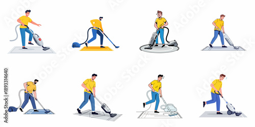 Set of eight vector illustrations depicting men actively performing household chores, vacuuming carpets and rugs with various types of vacuum cleaners.
