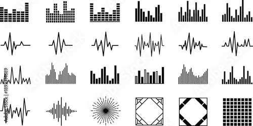 Audio Waveform and Sound Equalizer Icons Set, Music Signal Frequency Bars and Pulse Lines Collection, Digital Sound Visualization Vector Illustration