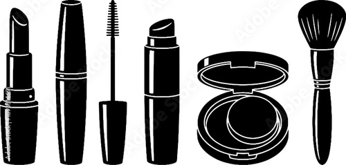 Collection of essential black silhouette cosmetic items including lipstick mascara compact and brush on transparent background
