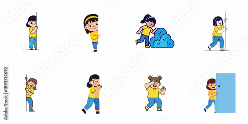 Collection of vector illustrations showing little girls peeking from behind objects, hiding, and exploring in playful actions.