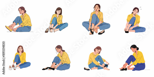 Collection of illustrations showing a tired woman sitting down, taking off or putting on flat shoes, symbolizing foot pain, exhaustion, and relief.