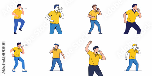 Collection of flat illustrations depicting male coaches, referees, or instructors in yellow shirts blowing a whistle or giving signals in different poses.