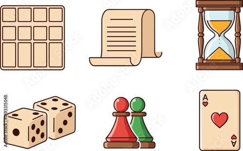 Board Game and Tabletop Icons Illustration Showing Dice, Pawns, Playing Card, Hourglass, Scroll, and Game Board Elements in Cute Flat Style Design
