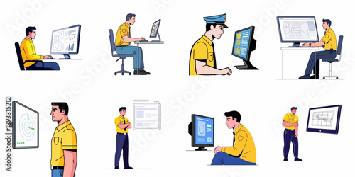 Professional man working on computers, monitoring security cameras, financial data, and control systems.