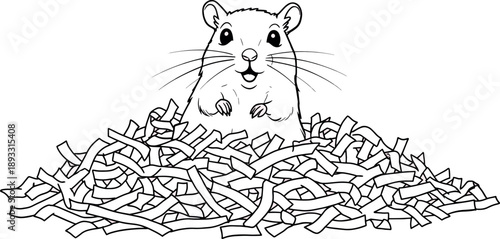 Cute Mouse Surrounded by Pile of Chewed Paper in Black and White Illustration