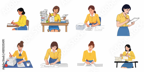 Diverse vector set of a woman handling administrative tasks, writing, grading papers, and managing large stacks of office documents and bureaucracy.