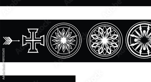 Set of mystic symbols featuring sacred geometry mandala patterns an arrow and a medieval cross isolated on black background for occult and tattoo design