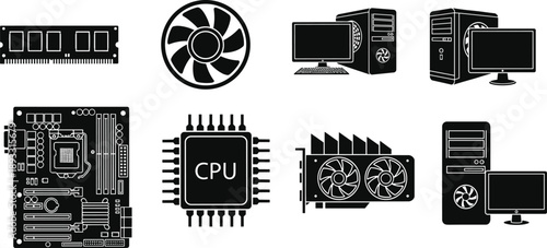 Computer Hardware Icons Set Illustration Showing CPU, GPU, RAM, Motherboard, Cooling Fan, and Desktop PC Components in Black Solid Style Design