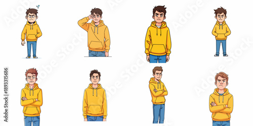 Cartoon set of a grumpy and tired young man in a yellow hoodie displaying eight different negative facial expressions and poses.