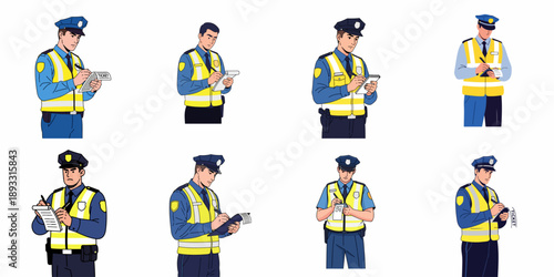 Collection of various illustrations of traffic police officers in uniform and safety vests writing tickets or violation notices, law enforcement concept.