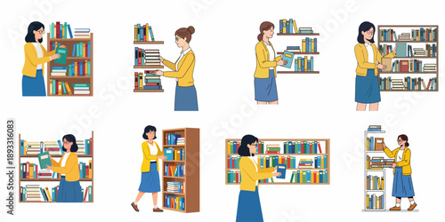 Set of illustrations depicting women working with books, including organizing, reading, and reaching for volumes on shelves.