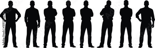 Standing male silhouette vector set, casual posture, body language, black icons, human pose, relaxed stance, gesture, attitude, expression, design