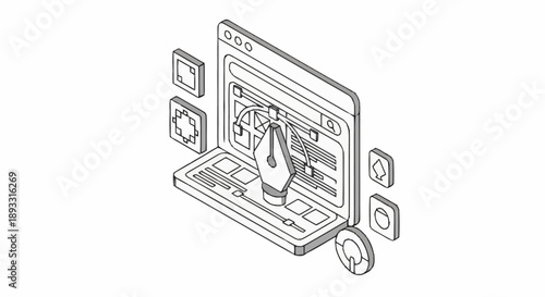 Laptop with various icons and graphics surrounding it.