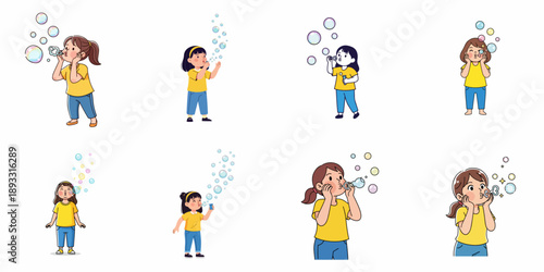 A collection of cartoon illustrations showing young girls happily playing and blowing colorful soap bubbles in various joyful poses, isolated on white background.