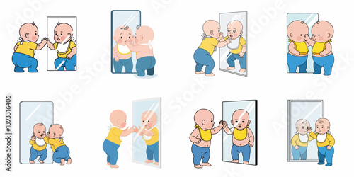 Set of vector illustrations showing a curious baby exploring its reflection in a mirror, depicting different stages of self-recognition and play.