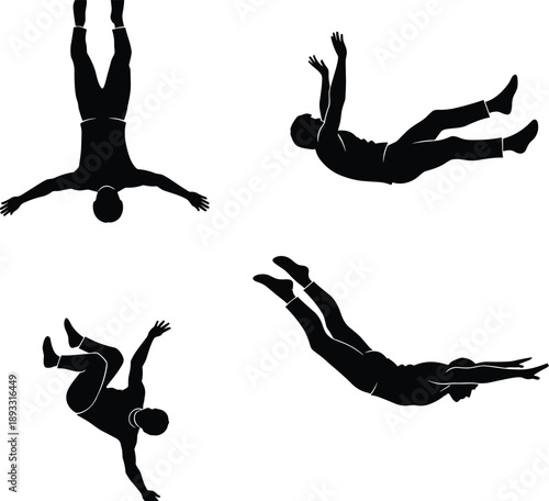 Falling Man Silhouettes Set, Human Body in Free Fall Positions and Gravity Motion Poses Collection, Dramatic Accident or Skydiving Vector Illustration