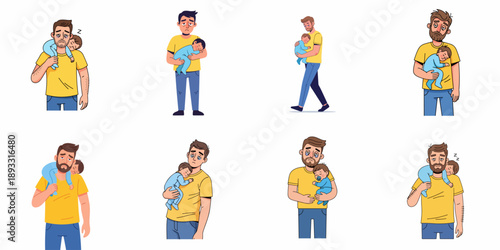 Exhausted Father Holding Sleeping Baby: Vector Set of Tired Dad Coping with Sleepless Nights, Paternity Stress, and Childcare Overload.