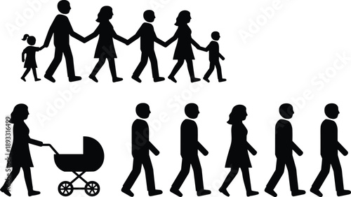 Family walking silhouette icon set with parents and children holding hands, people movement pictograms for social, lifestyle and community concepts